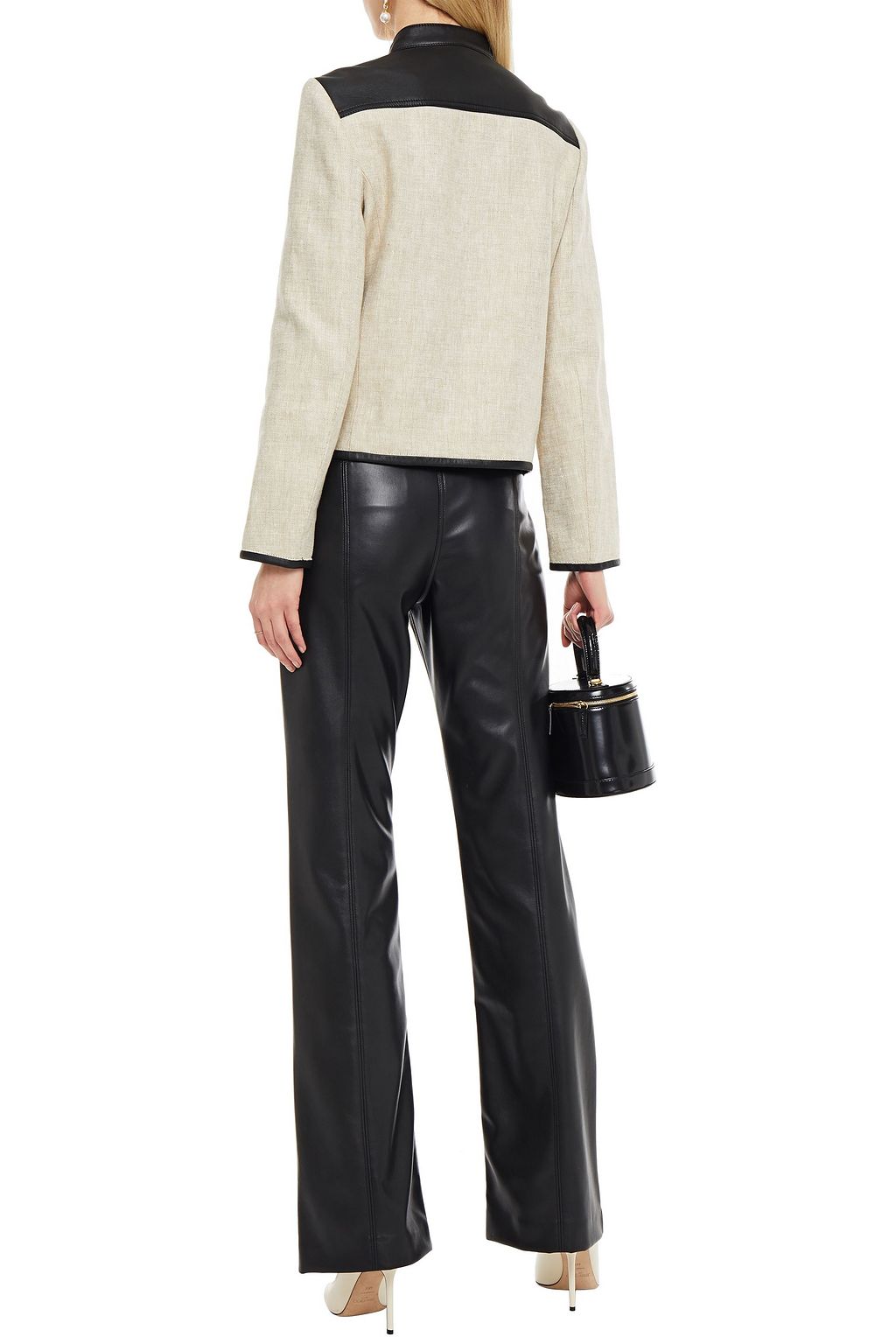 TORY BURCH Double-breasted leather-trimmed linen blazer