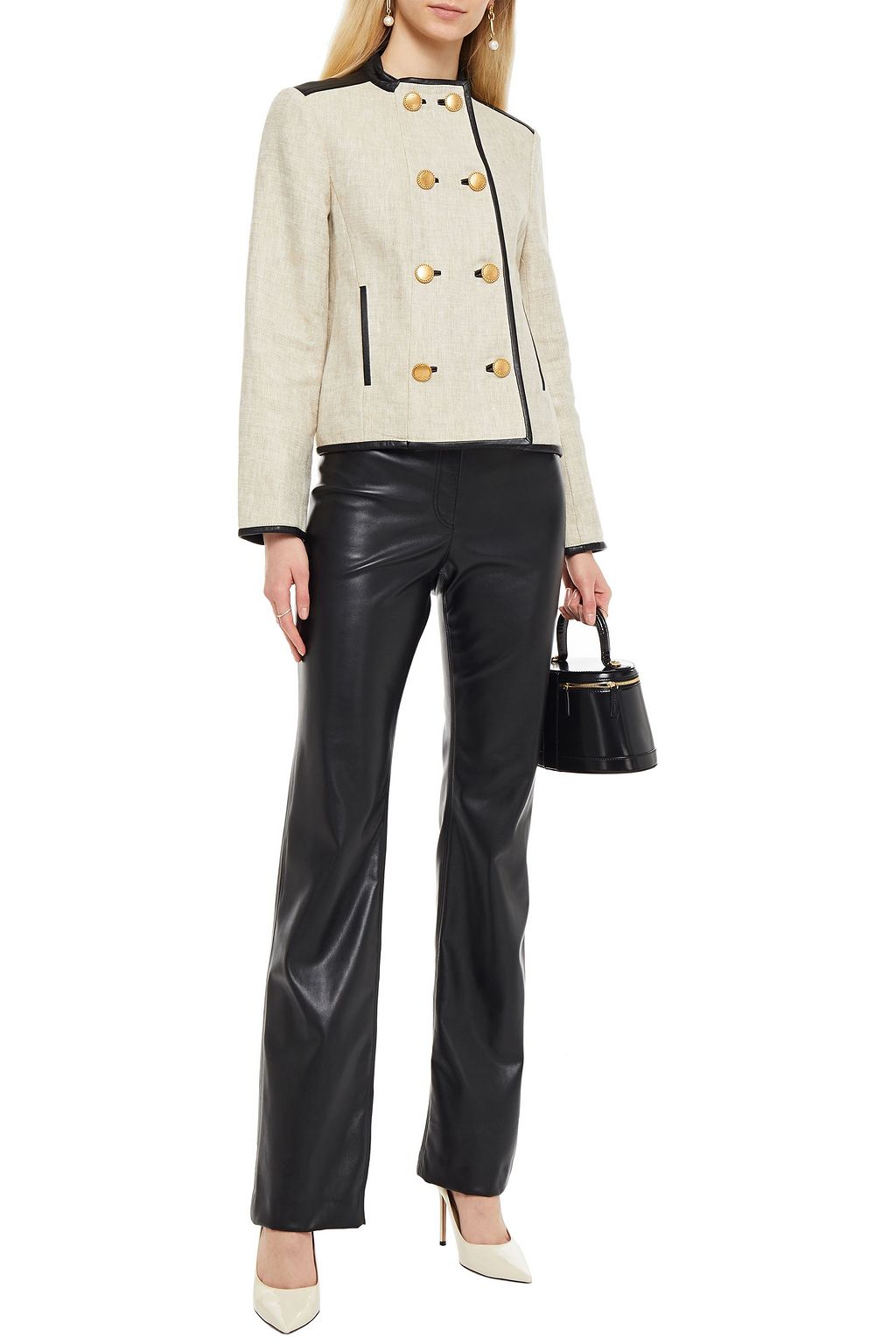 TORY BURCH Double-breasted leather-trimmed linen blazer