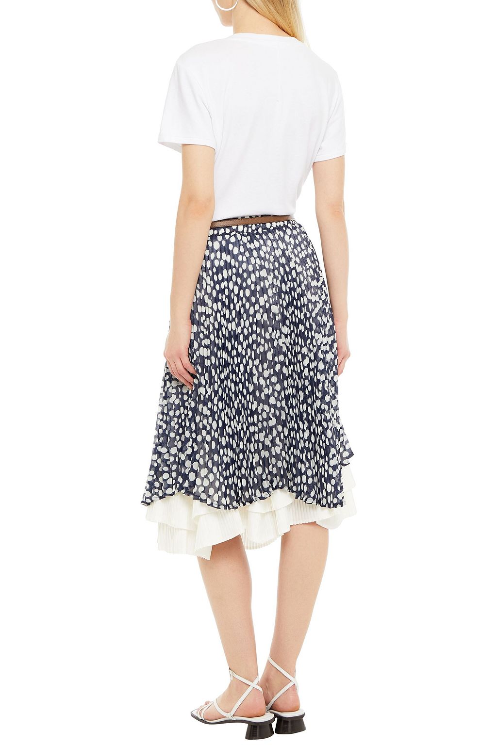 CLU Layered pleated polka-dot crepe de chine and satin skirt