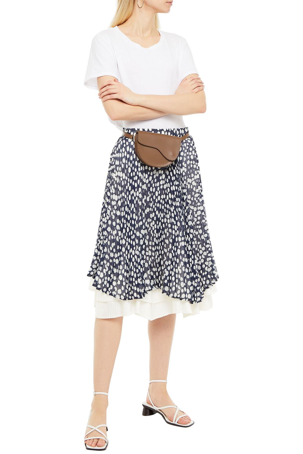 CLU Layered pleated polka-dot crepe de chine and satin skirt