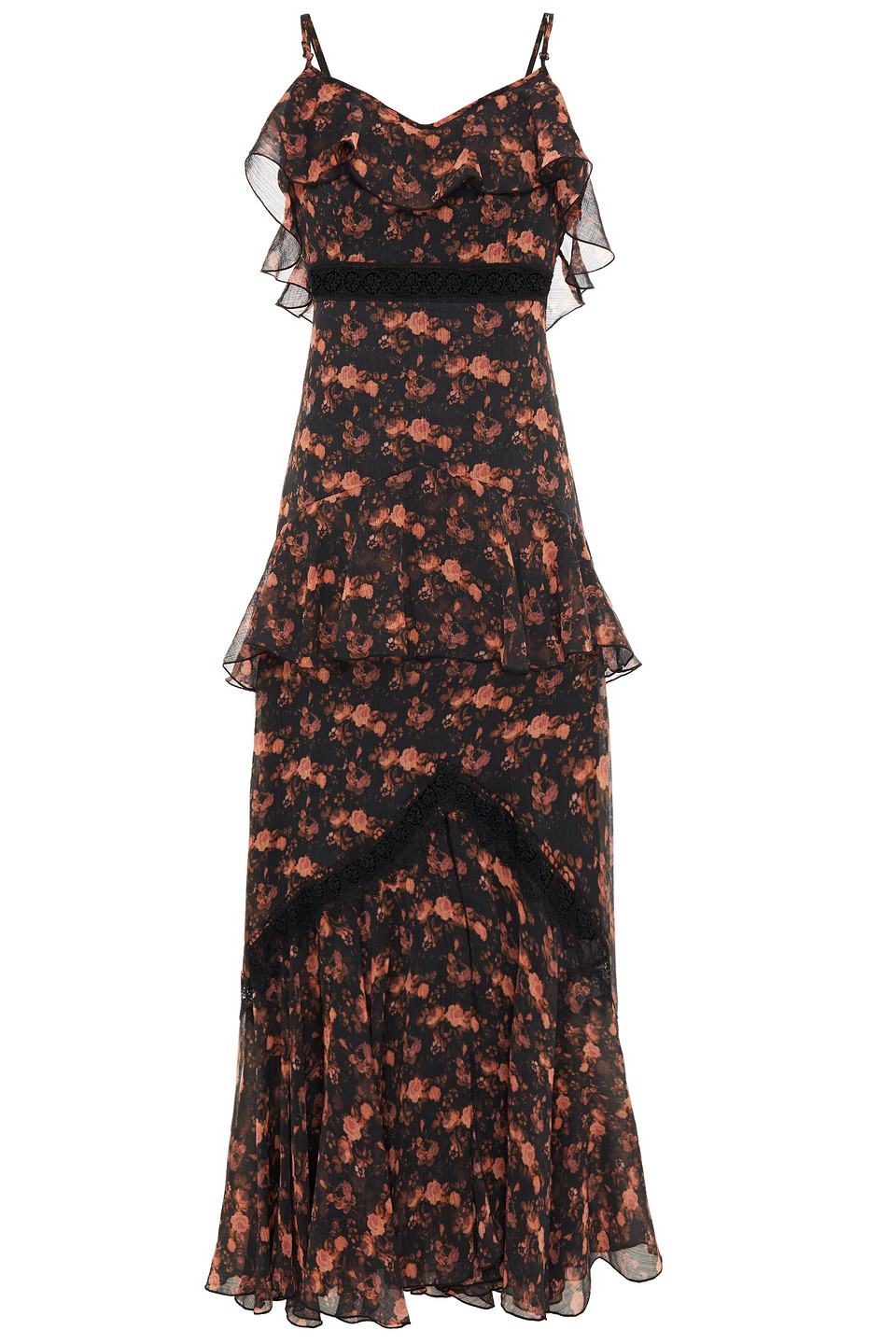 Charo Ruiz Ibiza Woman Ruffled Crocheted Lace And Floral-print Crepon Maxi Dress Black Size S