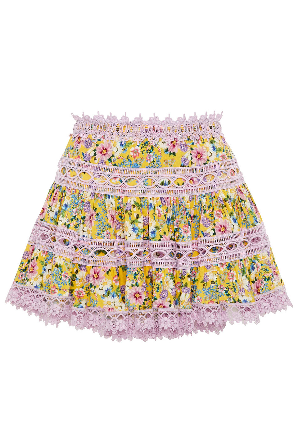 Charo Ruiz Ibiza Woman Crocheted Lace-trimmed Floral-print Cotton-blend Mini Skirt Yellow Size XS