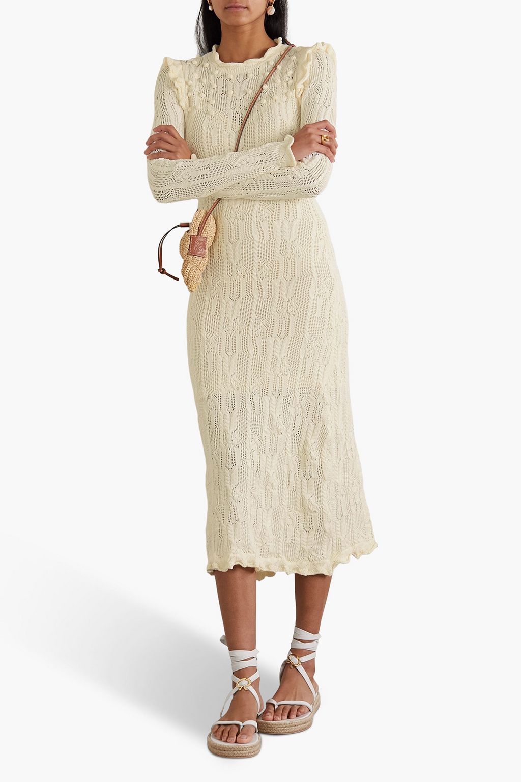 ULLA JOHNSON かぎ針編みコットン混 ミディワンピース ラッフル付き