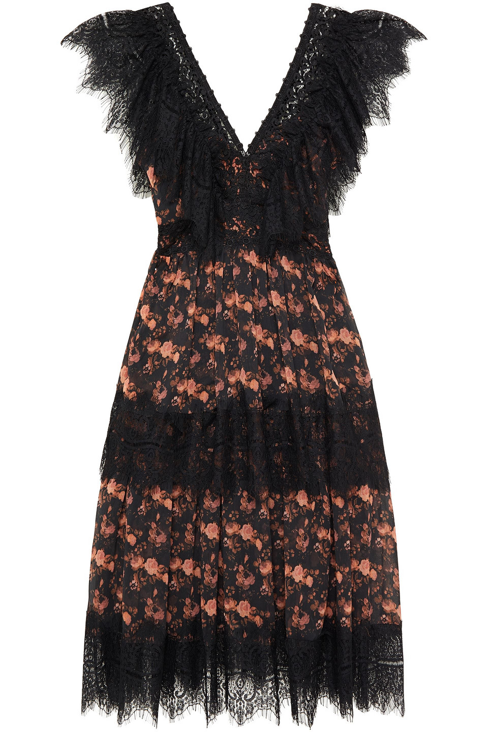 Charo Ruiz Ibiza Woman Paneled Floral-print Cotton-blend Georgette And Corded Lace Dress Light Brown Size XS