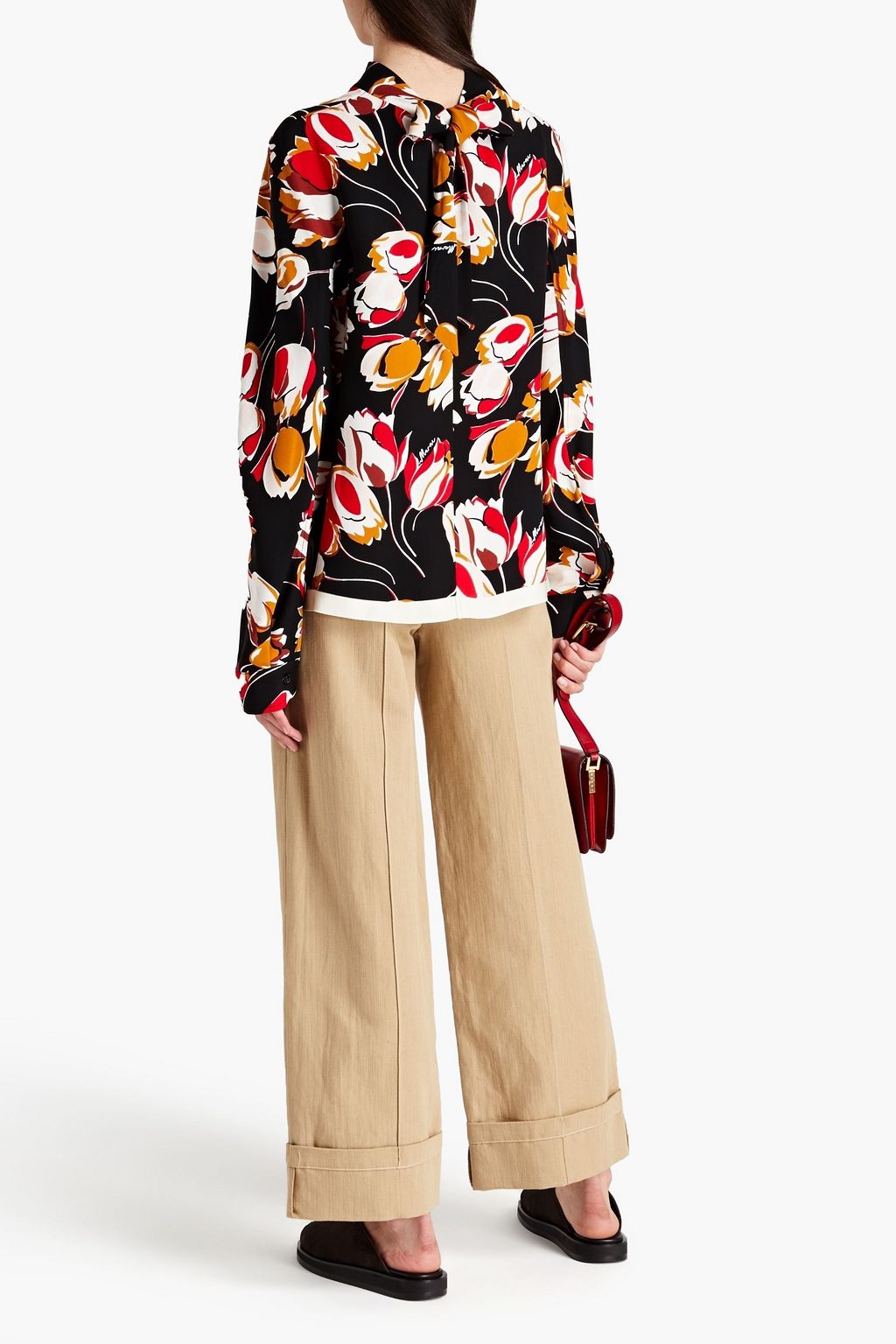 MARNI Satin-trimmed floral-print crepe top
