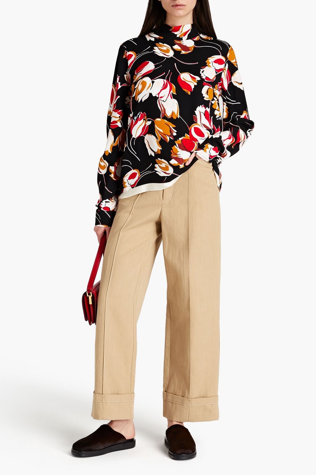 MARNI Satin-trimmed floral-print crepe top