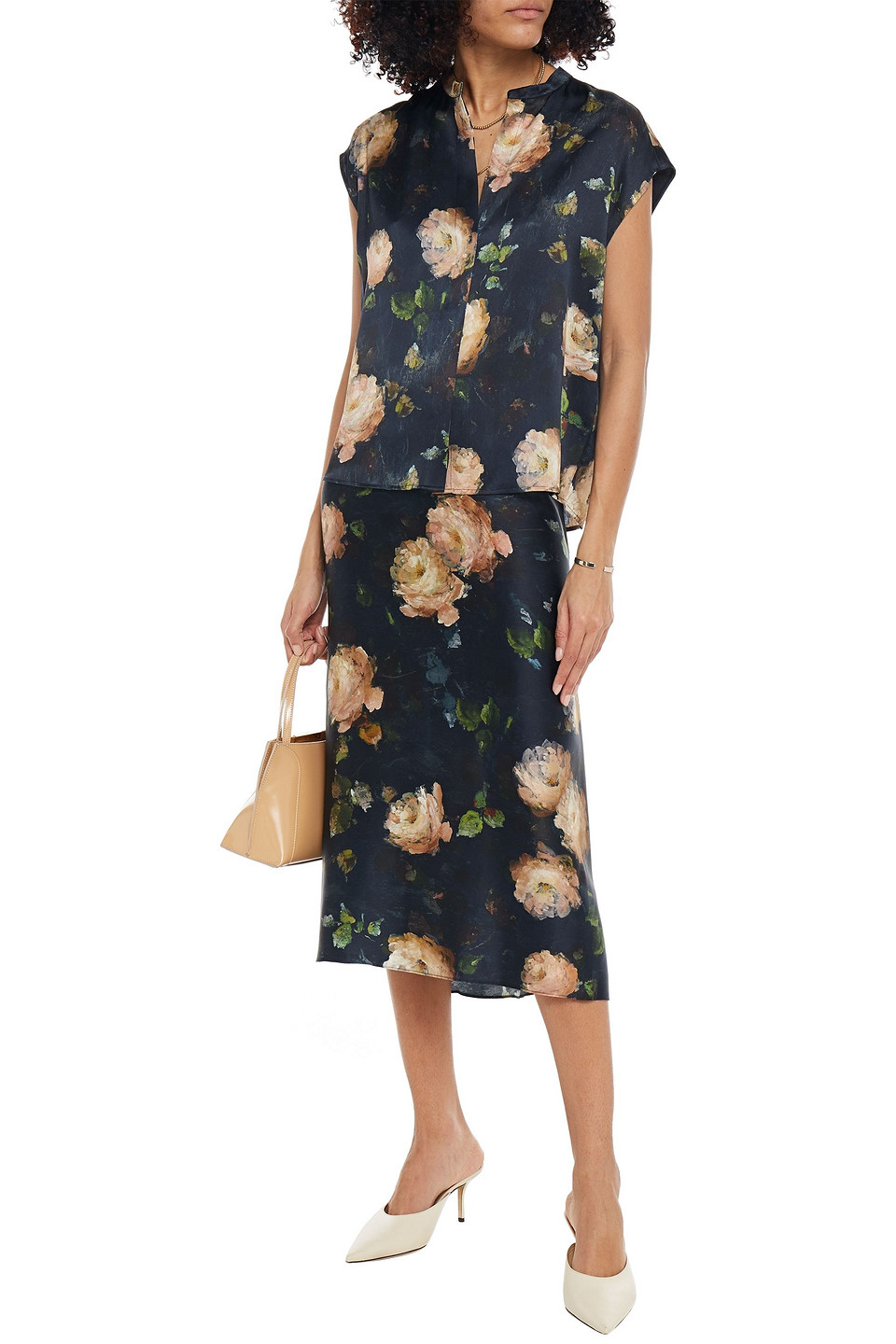 Click to view more detailed imagery on our partner's website Vince Floral-print Silk-satin Midi Skirt In Black