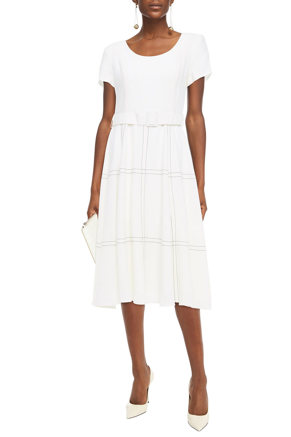 Goat Kelly Embroidered Belted Wool-crepe Midi Dress In Ecru