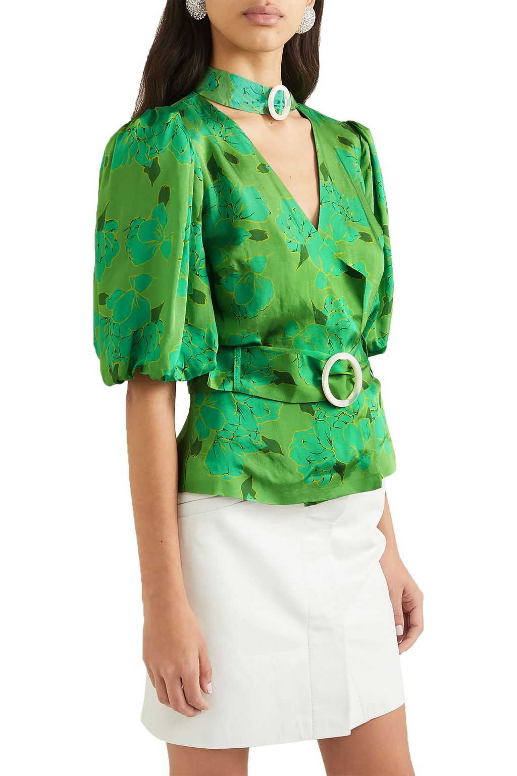 DE LA VALI Mila belted floral-print satin blouse
