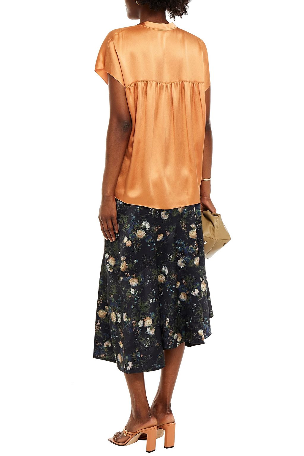 VINCE. Asymmetric floral-print satin midi skirt