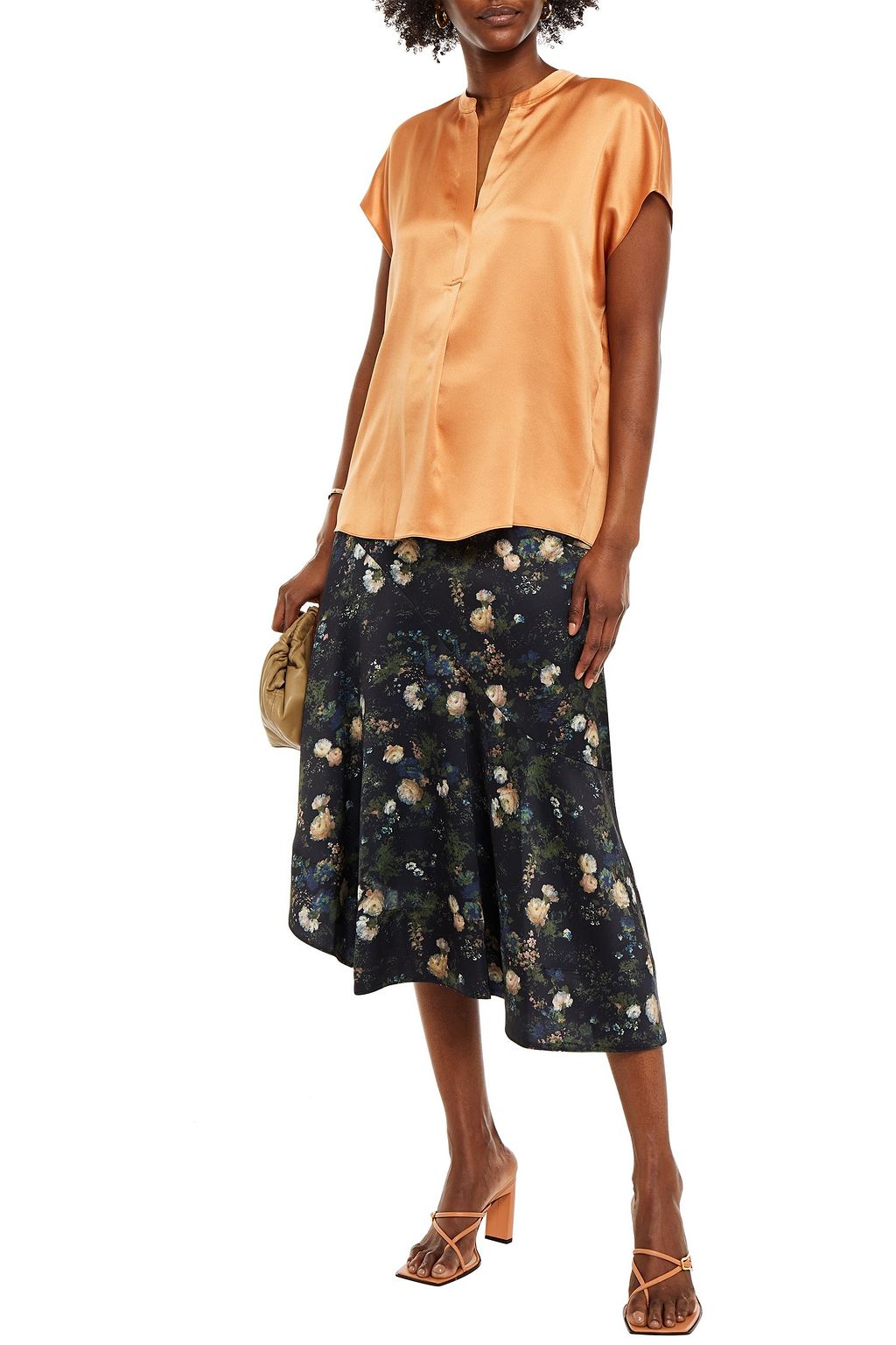 VINCE. Asymmetric floral-print satin midi skirt