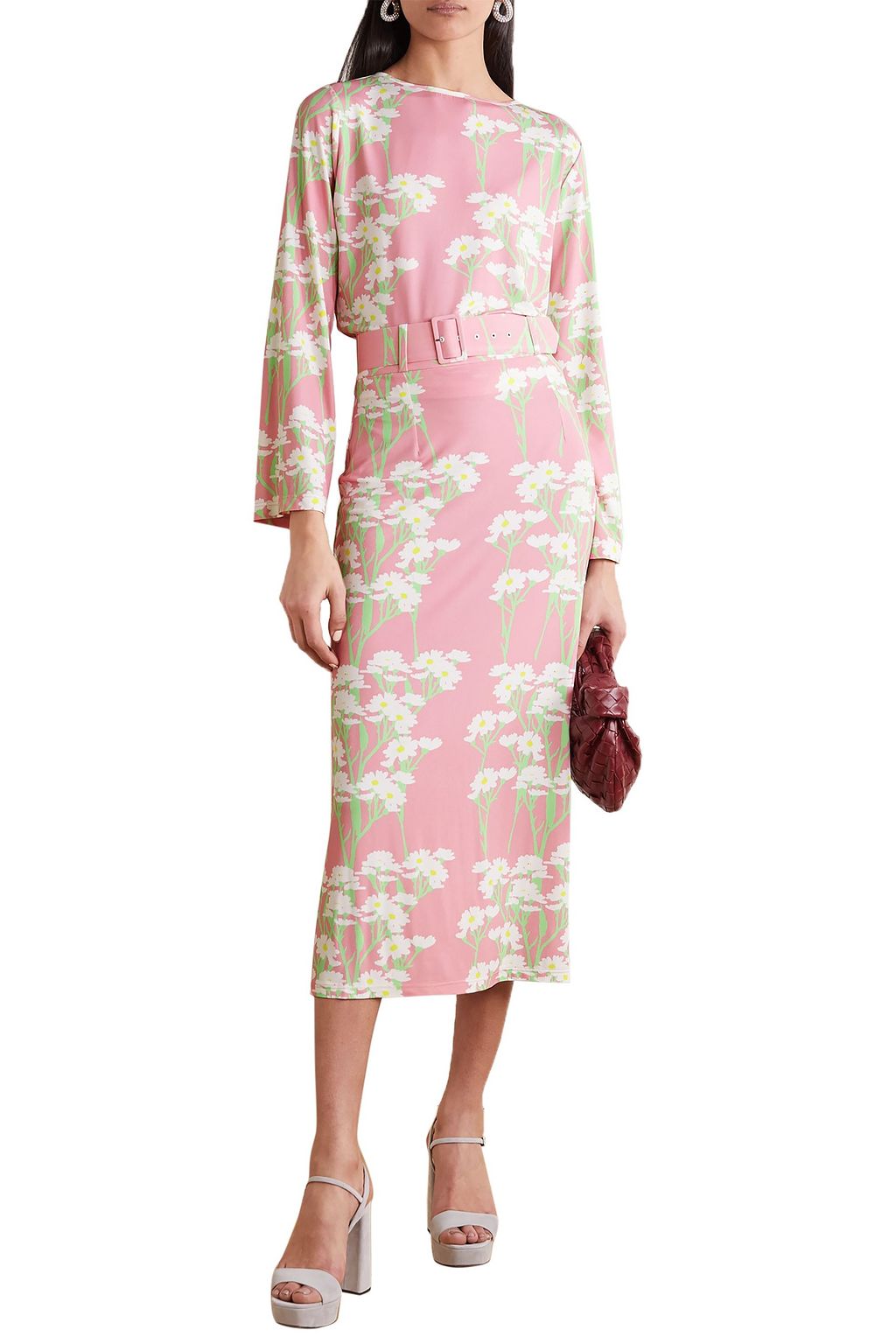BERNADETTE Monica belted floral-print stretch-jersey midi skirt
