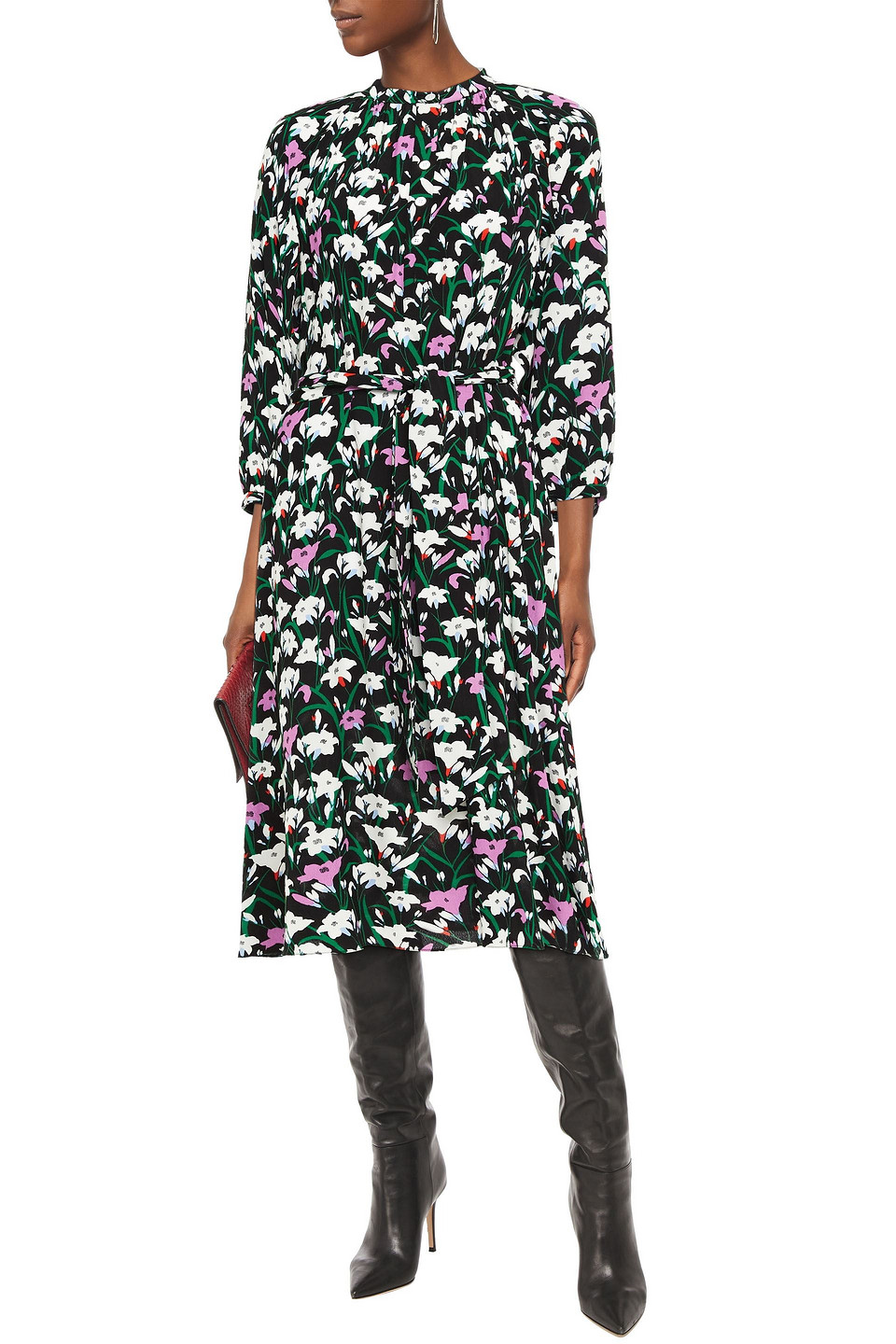 Veronica Beard Cecilia Gathered Floral-print Crepe Midi Dress In Black