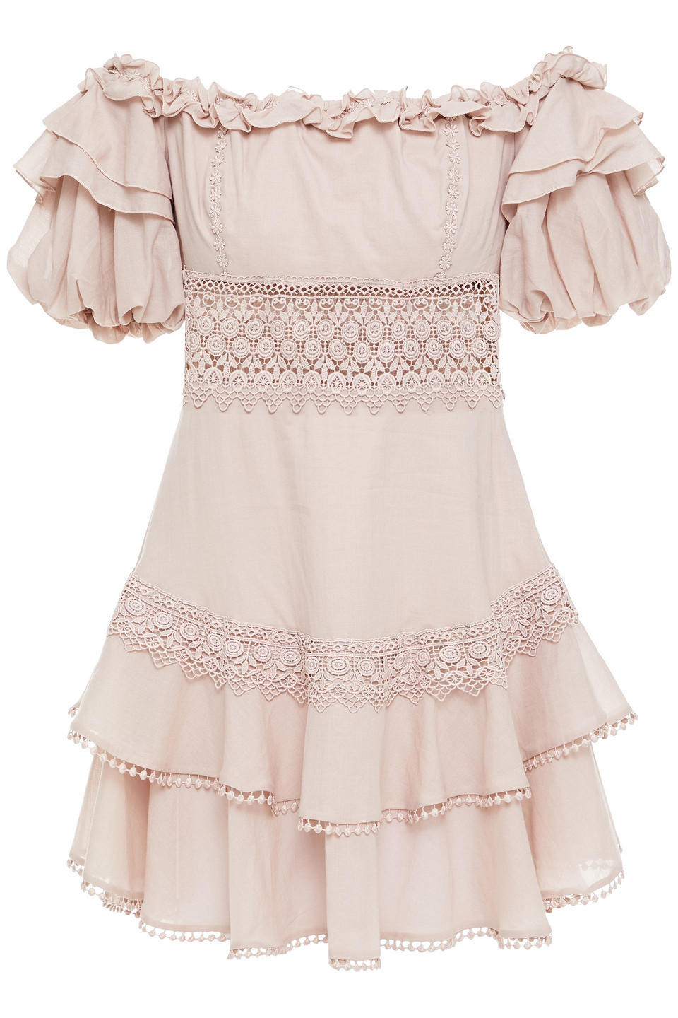 Charo Ruiz Ibiza Woman Marla Off-the Shoulder Crocheted Lace-trimmed Cotton-blend Voile Mini Dress Blush Size XS