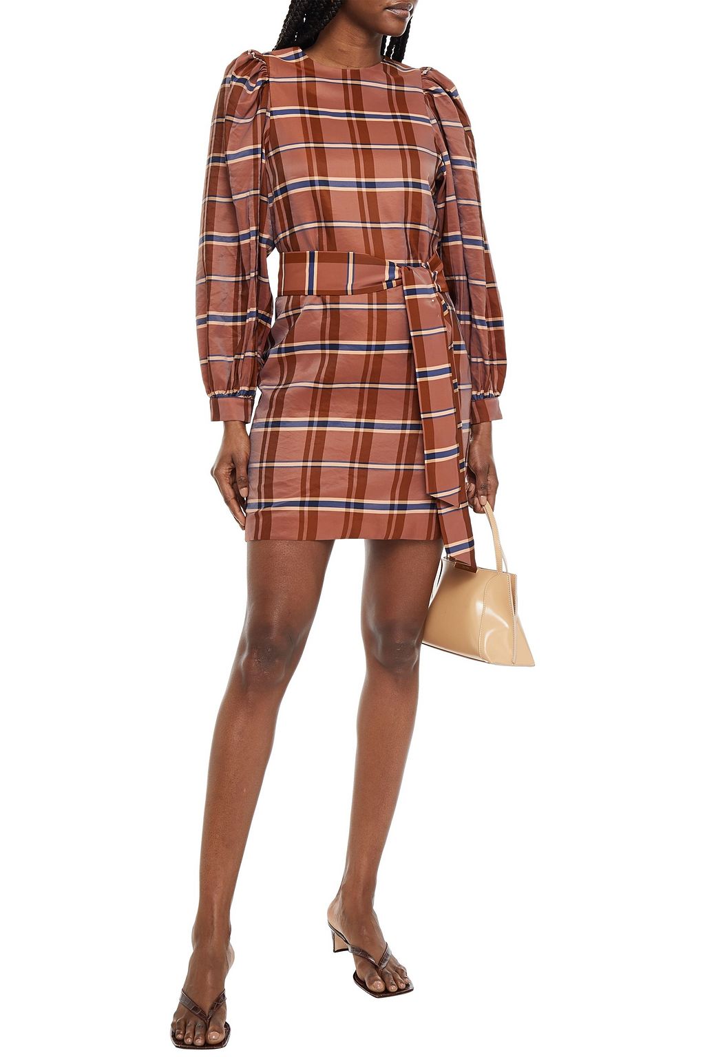SAMSØE Φ SAMSØE Belted checked satin-twill mini dress