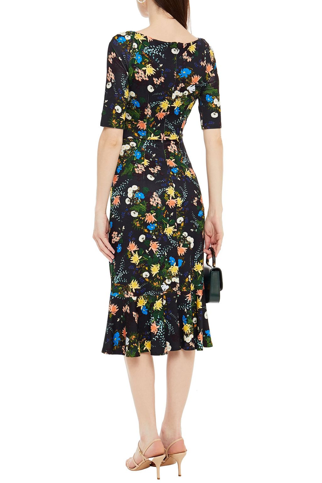 ERDEM Glenys fluted floral-print stretch-ponte midi dress