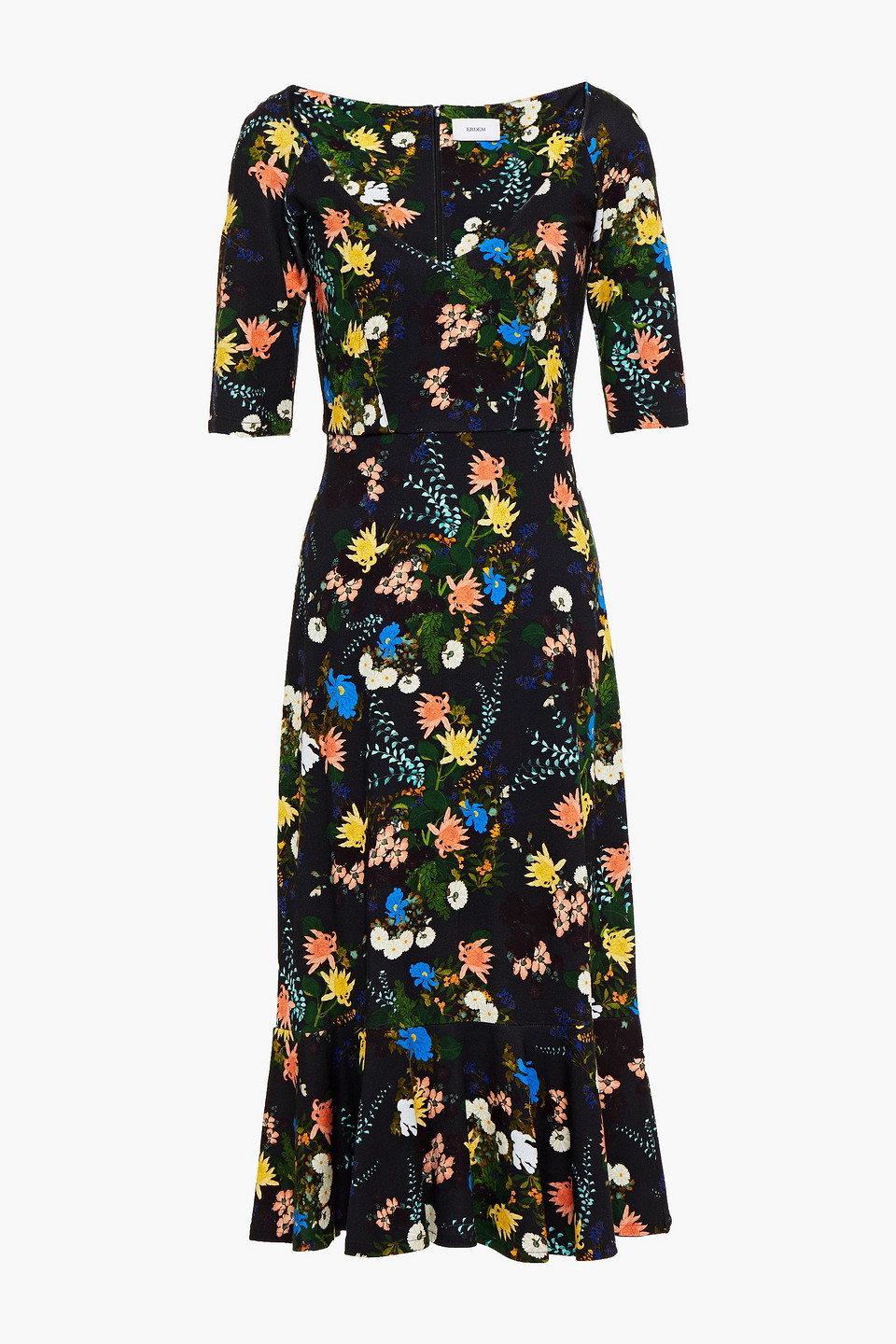 Erdem Woman Glenys Fluted Floral-print Stretch-ponte Midi Dress Black Size 8