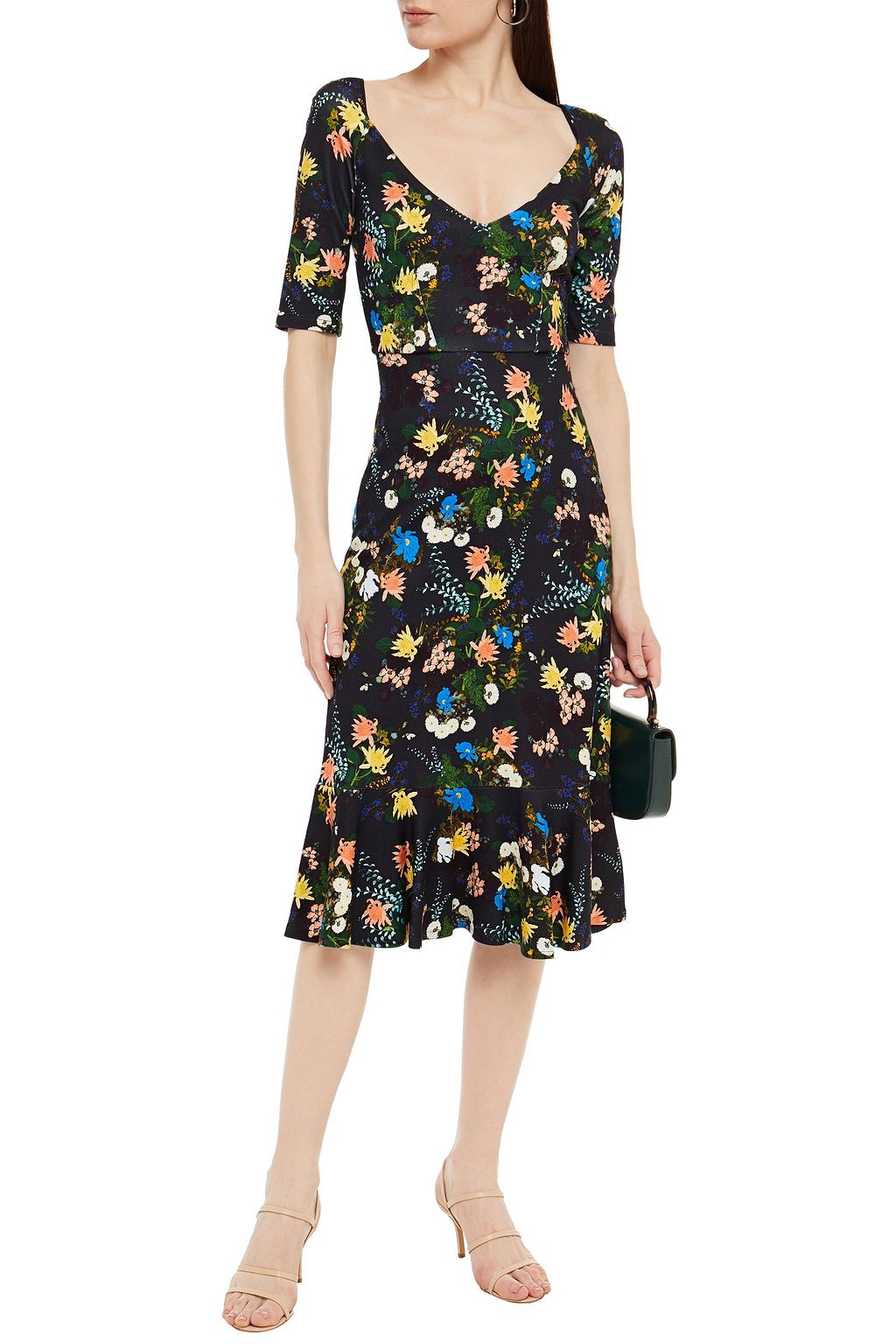ERDEM Glenys fluted floral-print stretch-ponte midi dress
