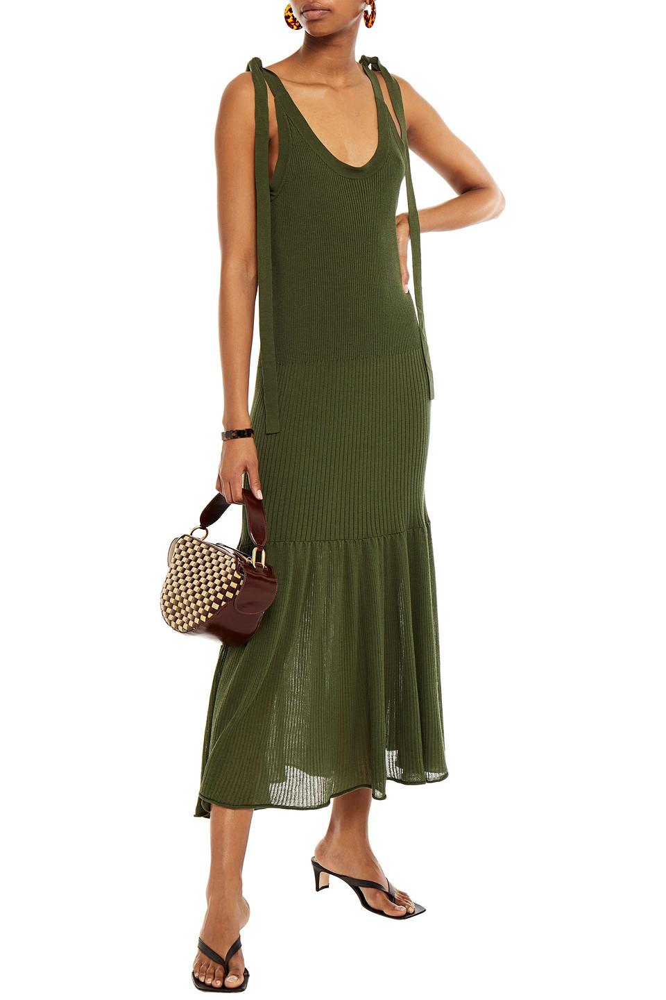 Rodebjer Tie-detailed Ribbed-knit Maxi Dress In Green