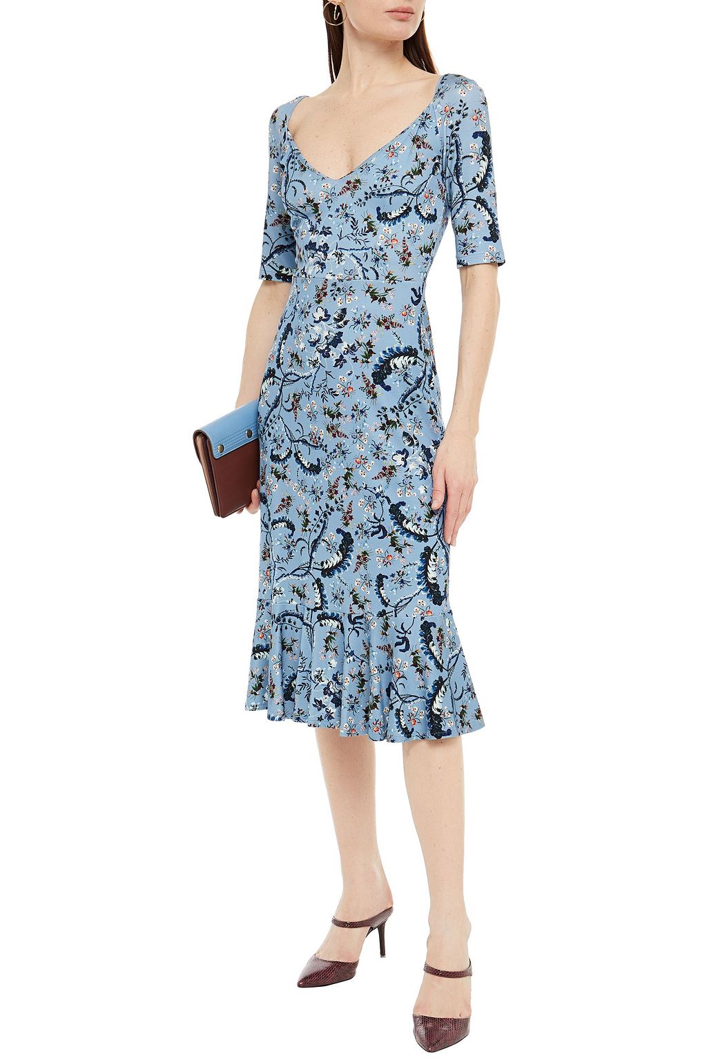 ERDEM Glenys fluted floral-print stretch-ponte midi dress