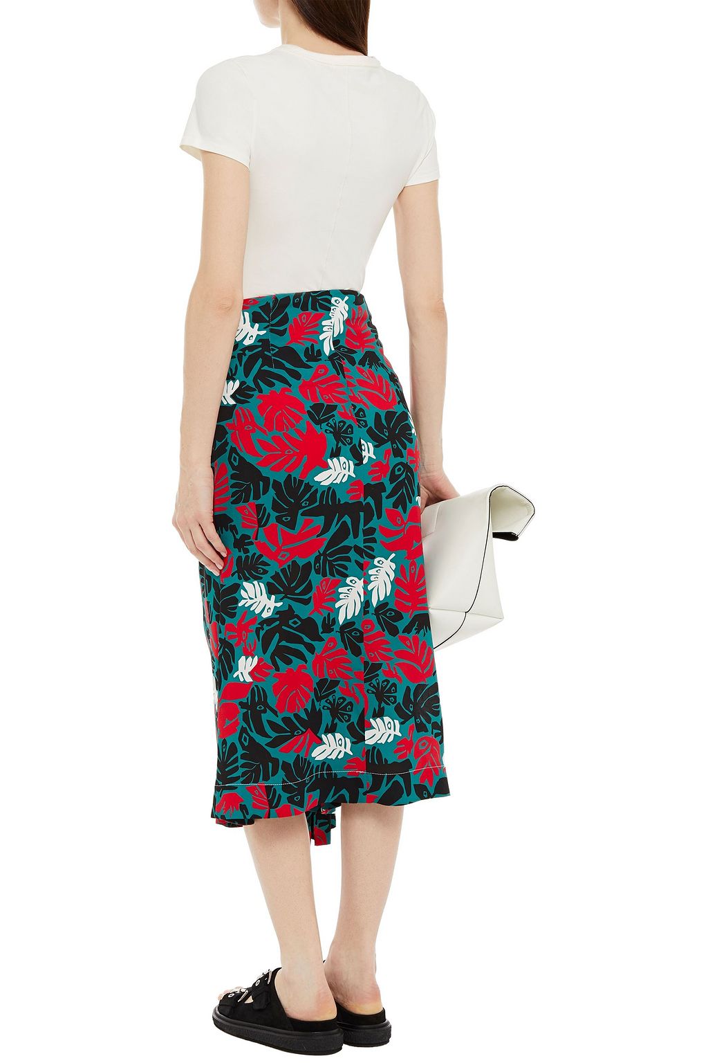 MARNI Knotted draped printed stretch-crepe midi skirt