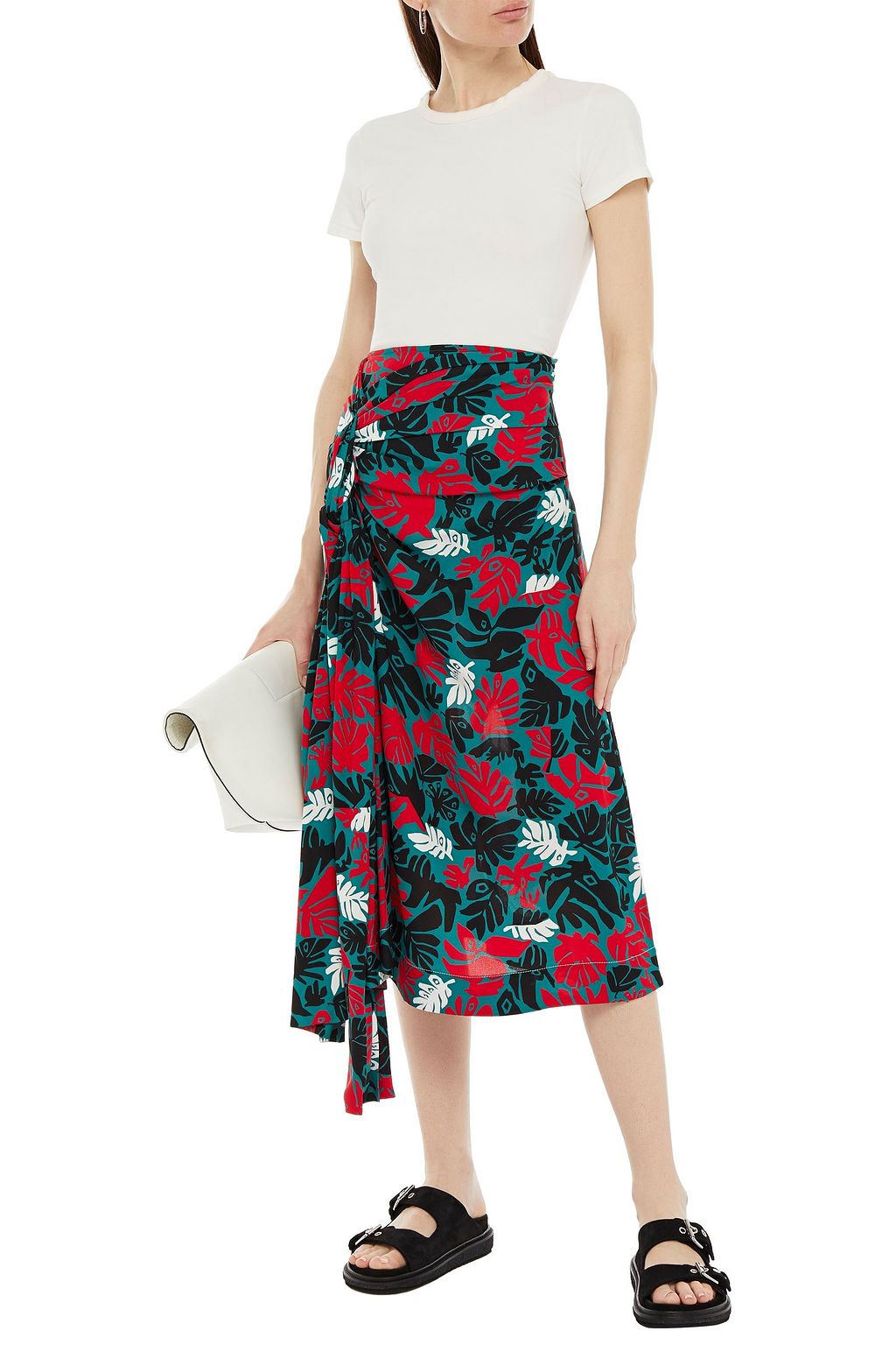 MARNI Knotted draped printed stretch-crepe midi skirt