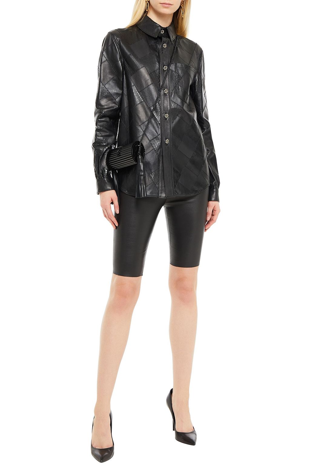 SAINT LAURENT Patchwork-effect leather and python shirt