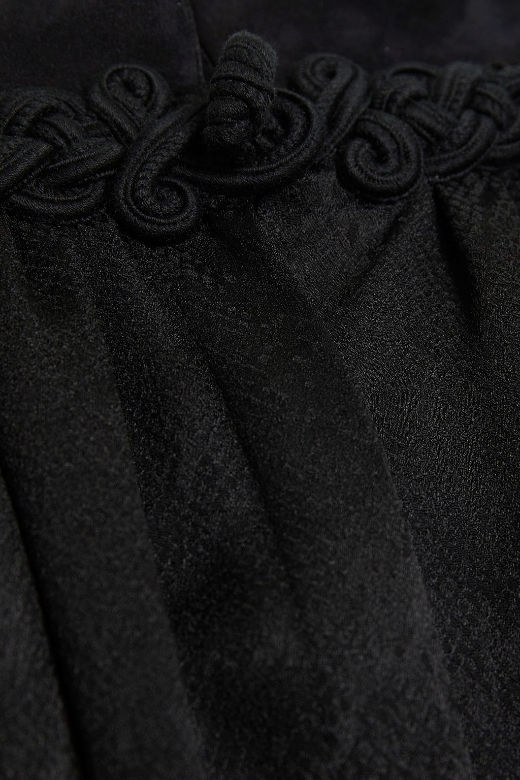 SAINT LAURENT Suede-paneled gathered silk-satin jacquard blouse