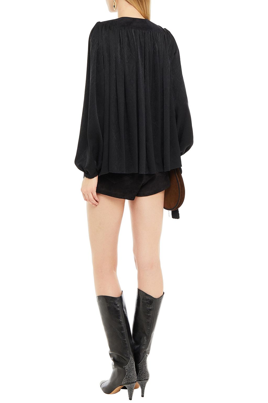 SAINT LAURENT Suede-paneled gathered silk-satin jacquard blouse