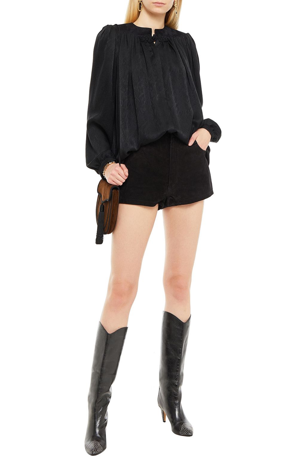 SAINT LAURENT Suede-paneled gathered silk-satin jacquard blouse