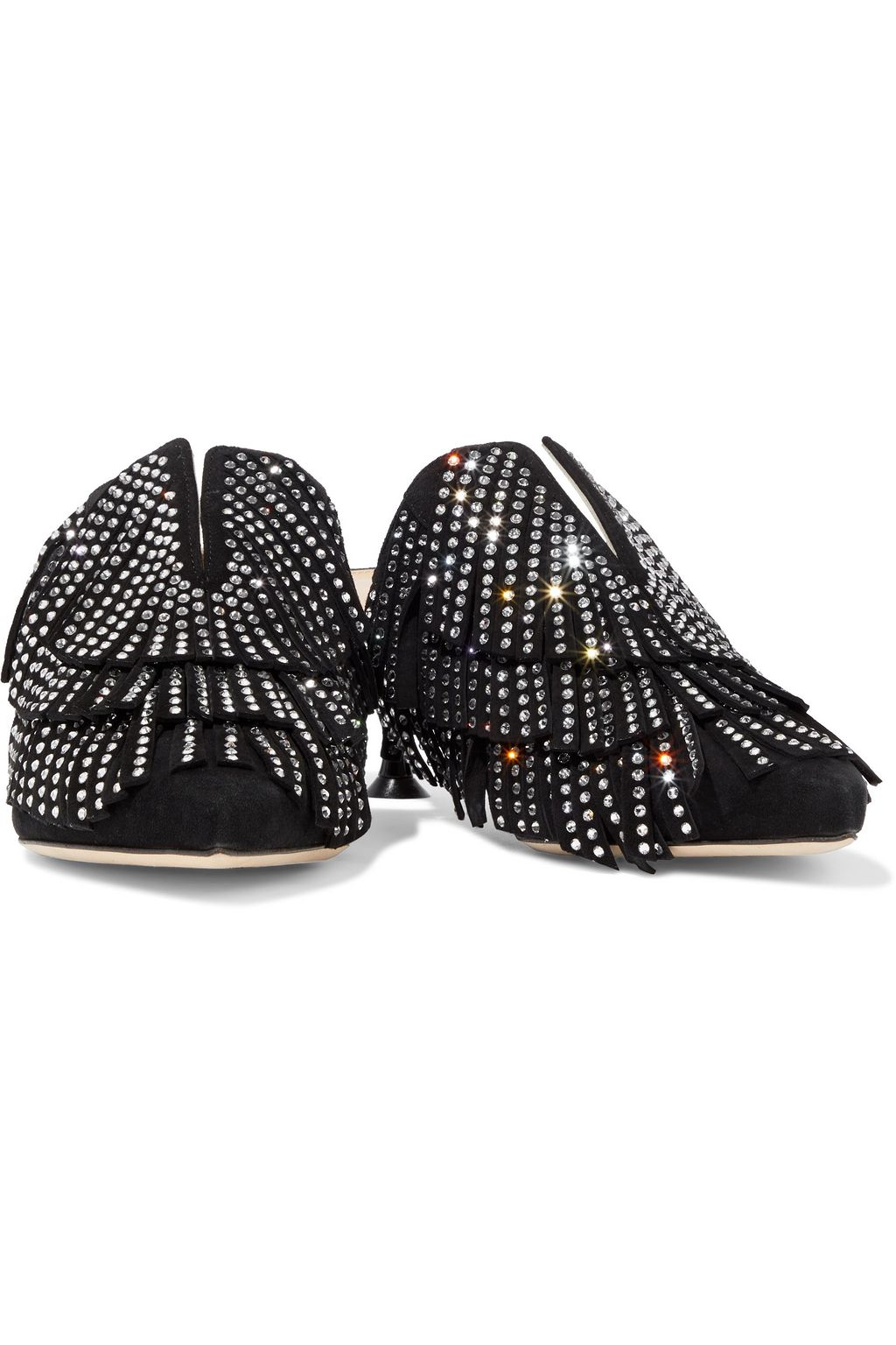 SERGIO ROSSI Crystal-embellished fringed suede mules