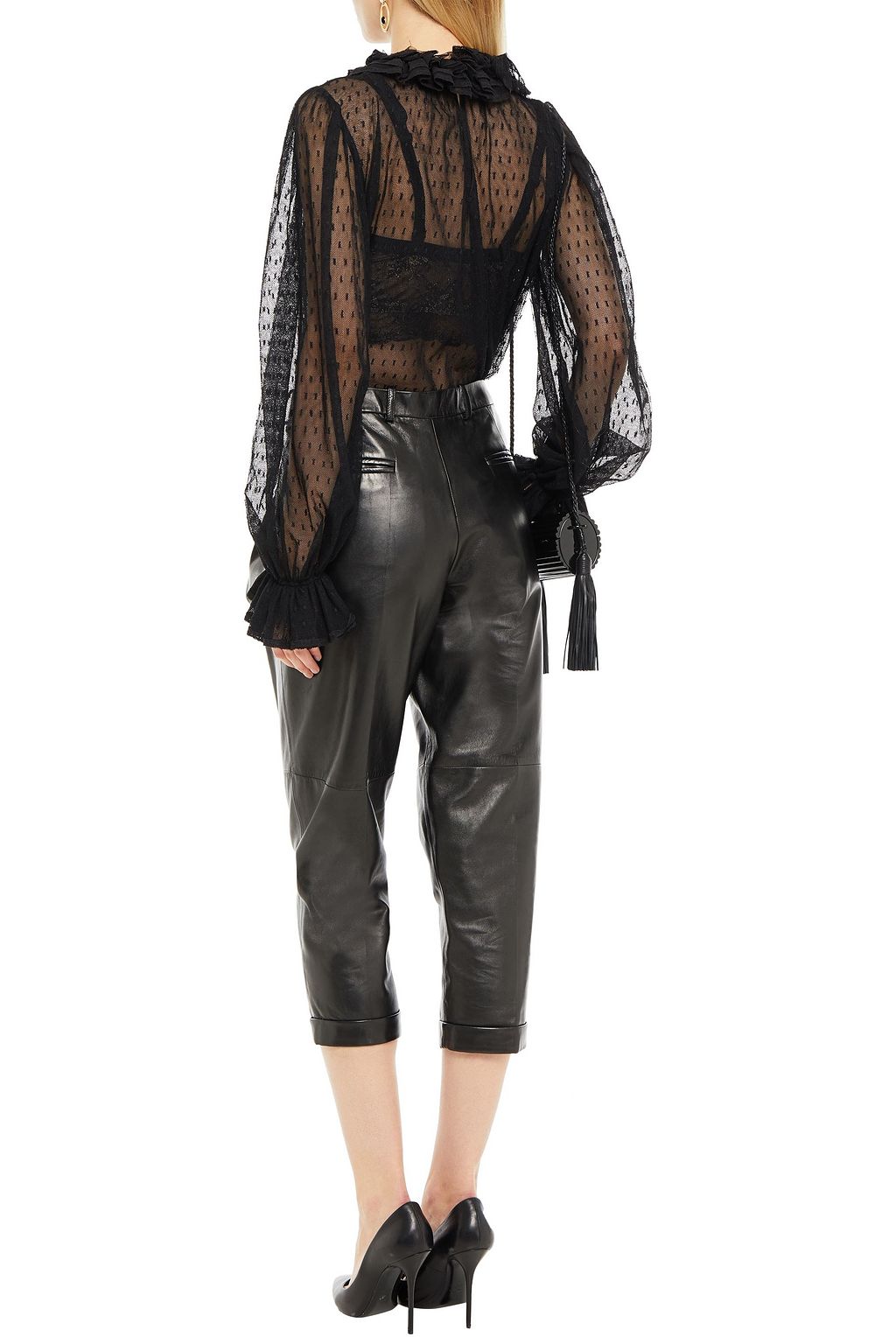 SAINT LAURENT Embellished ruffled point d'esprit blouse