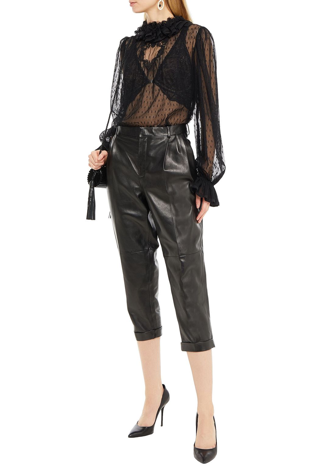 SAINT LAURENT Embellished ruffled point d'esprit blouse
