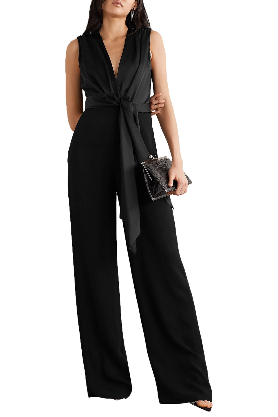 Simkhai Tie-front Draped Cady And Satin Jumpsuit In Black