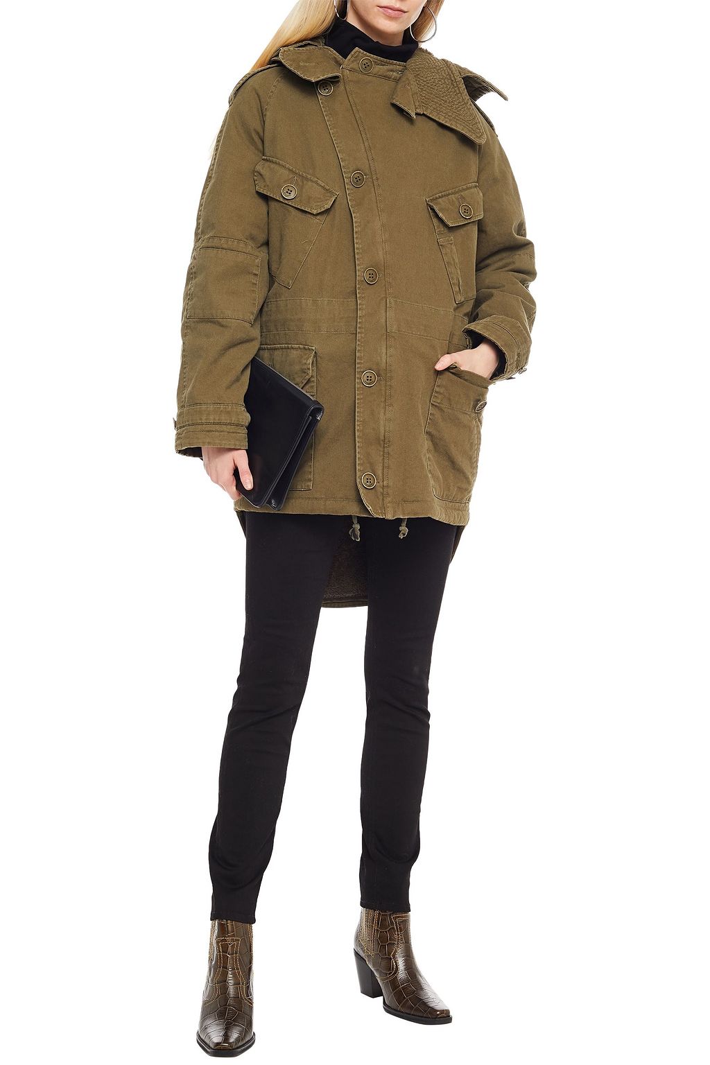 SAINT LAURENT Shearling-lined cotton and ramie-blend gabardine hooded parka