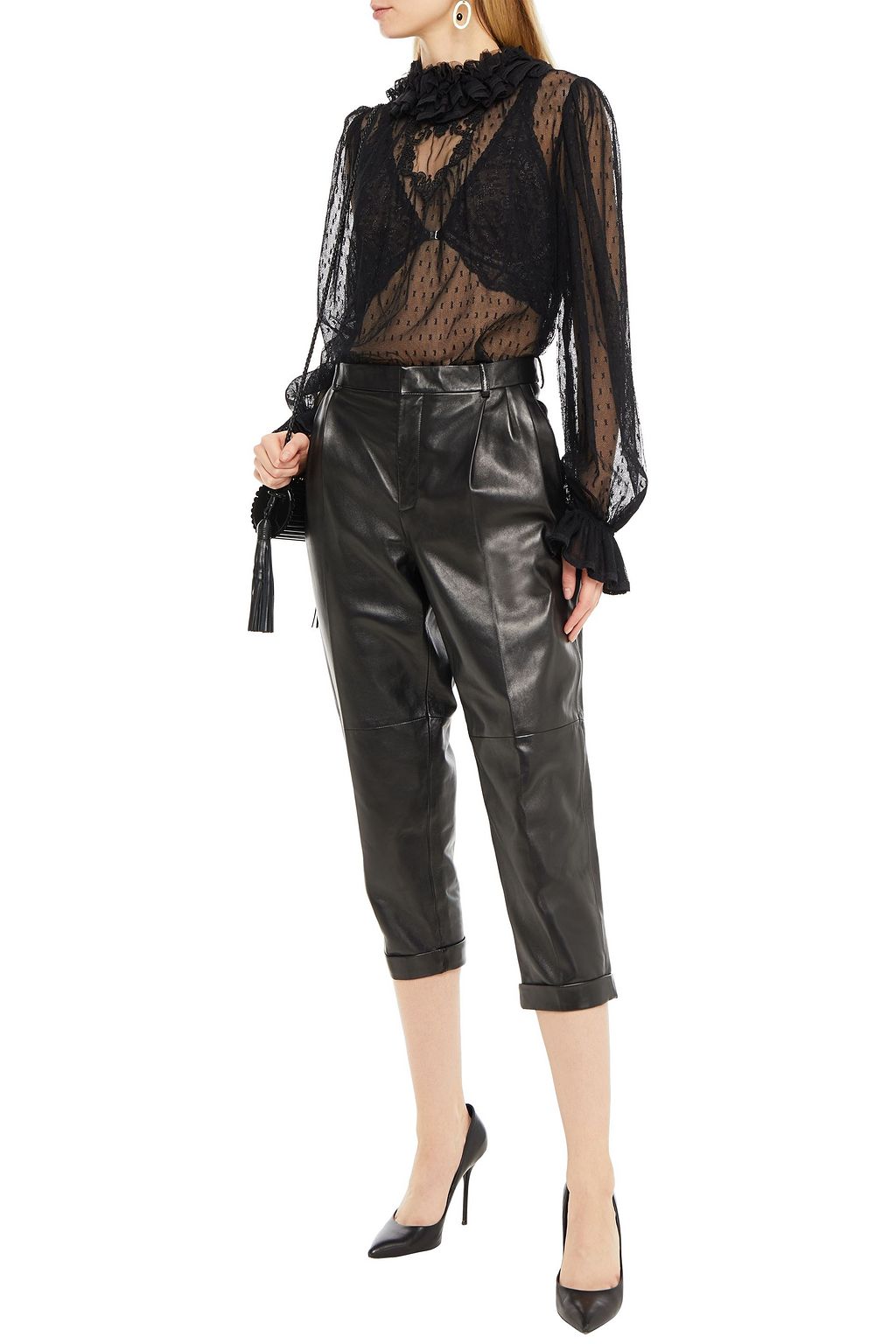 SAINT LAURENT Cropped pleated leather tapered pants