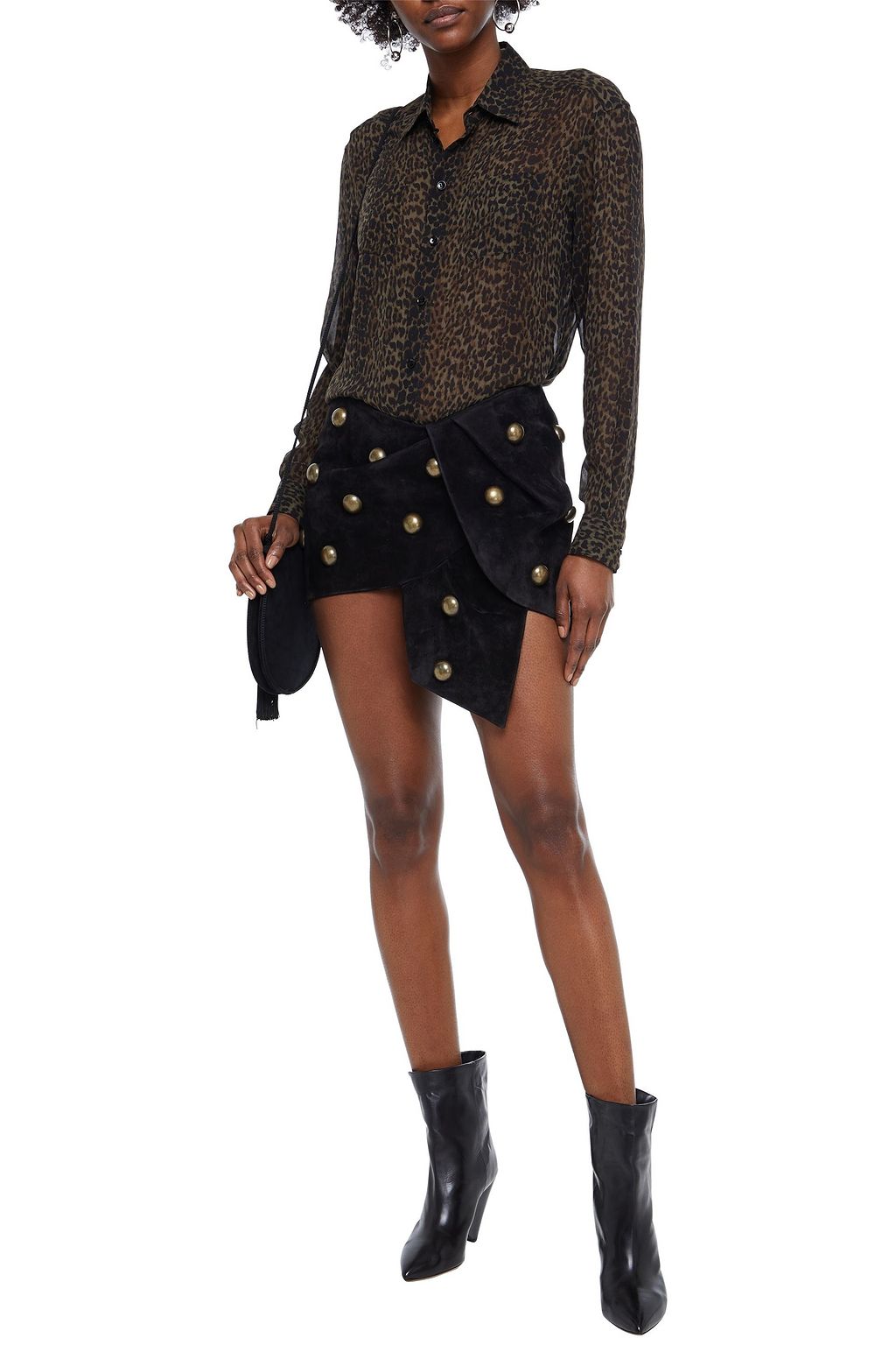 SAINT LAURENT Studded draped suede mini skirt