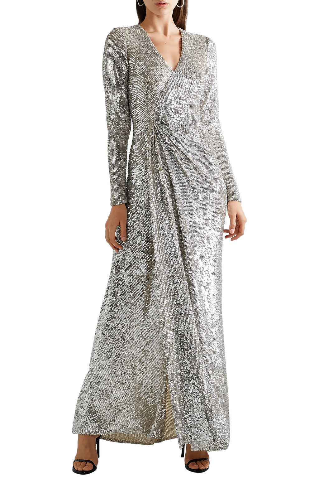 REEM ACRA Wrap-effect sequined tulle gown