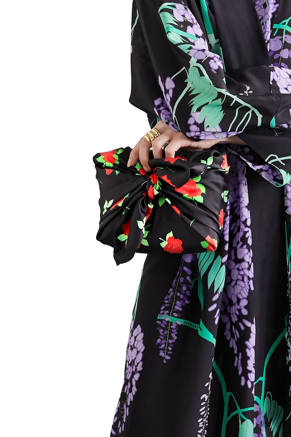 Bernadette Belinda Knotted Floral-print Satin Clutch In Black