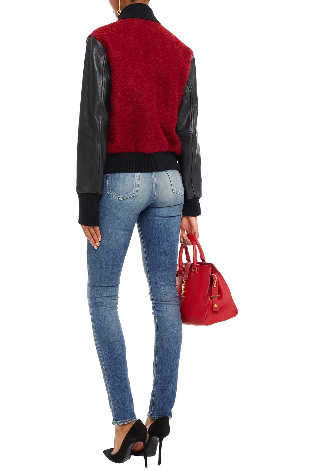 SAINT LAURENT Leather-paneled wool-blend bouclé bomber-jacket