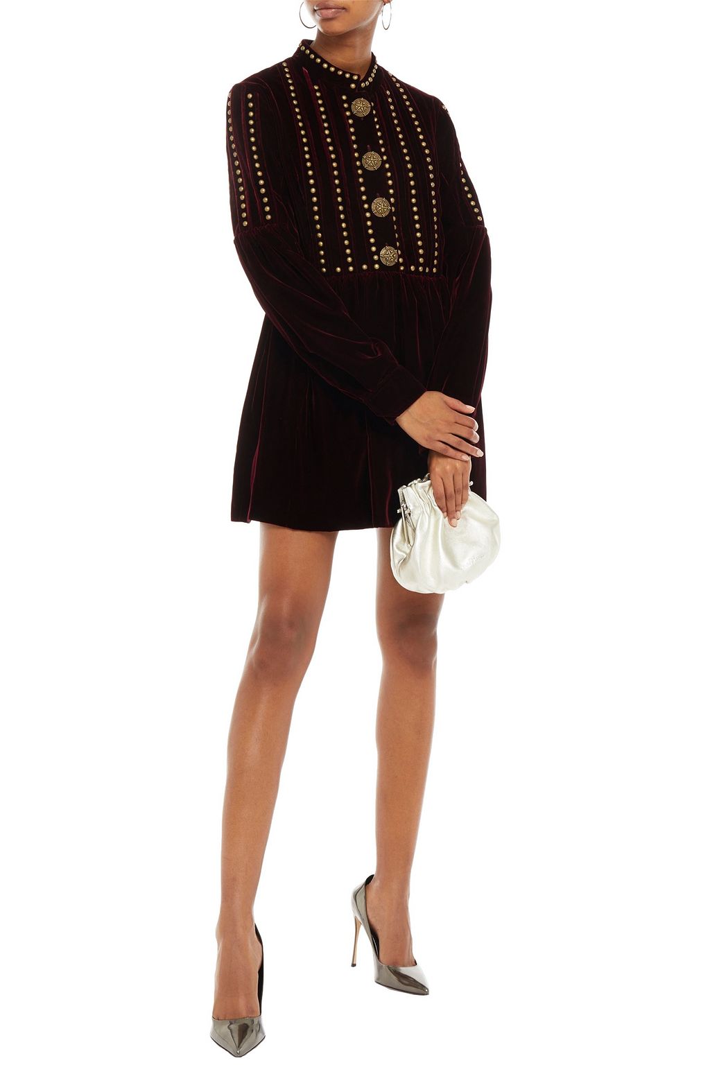 SAINT LAURENT Studded pleated velvet mini dress