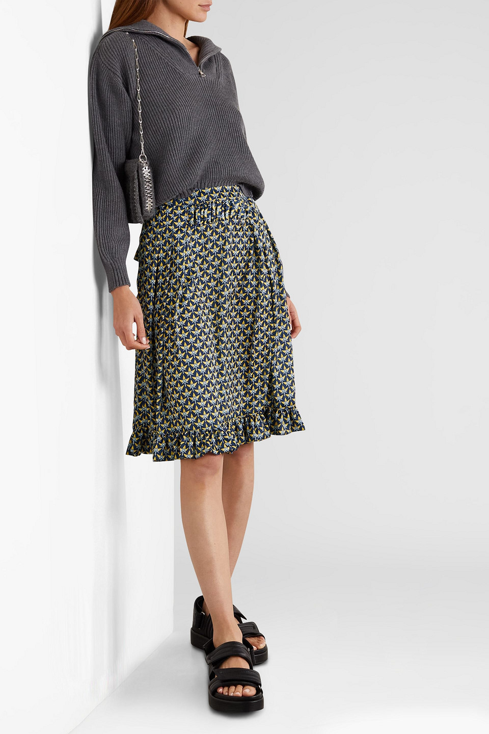 Rabanne Ruffle-trimmed Printed Crepe De Chine Mini Skirt In Blue