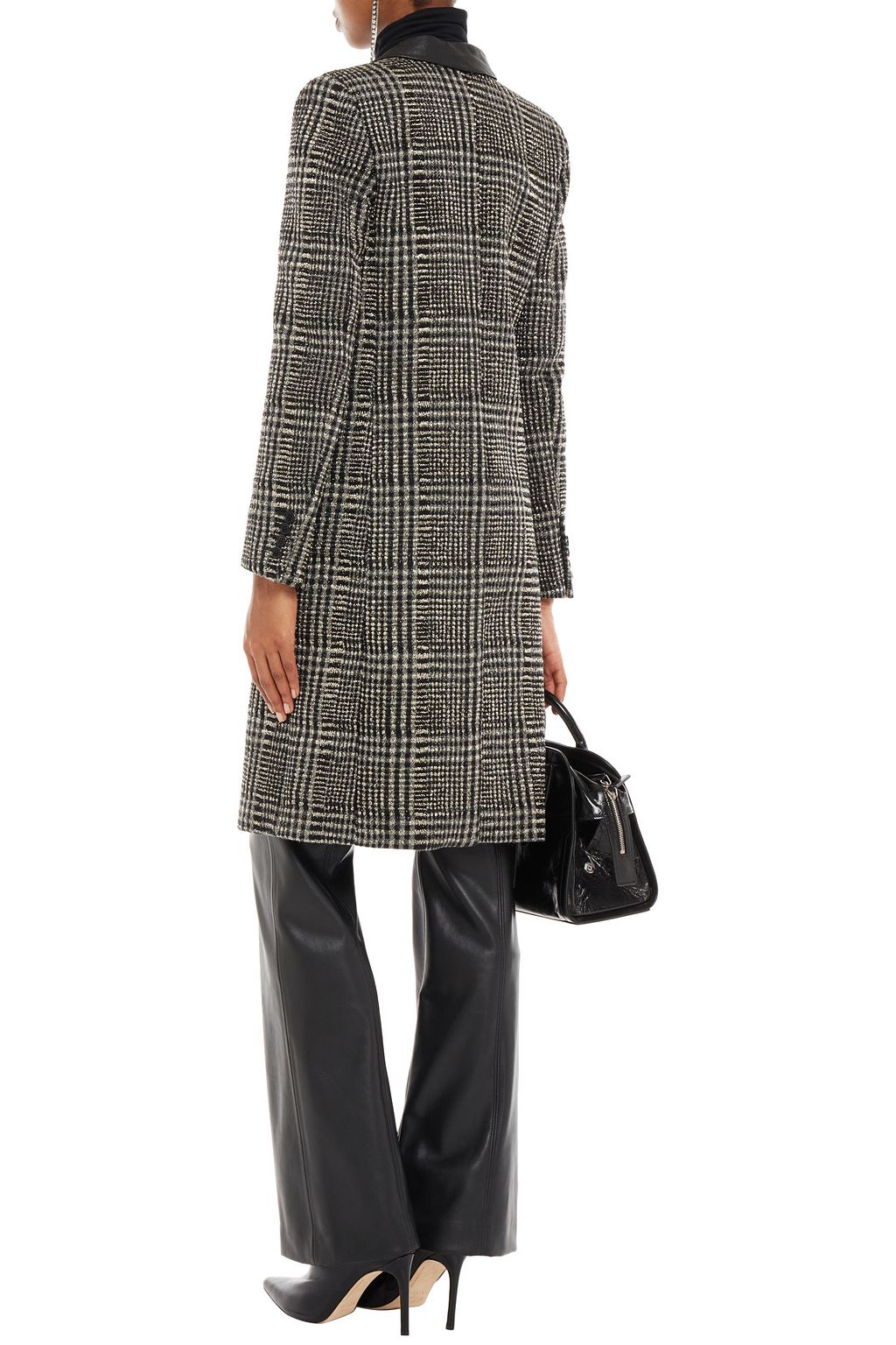 SAINT LAURENT Double-breasted bead-embellished metallic Prince of Wales checked wool-blend coat
