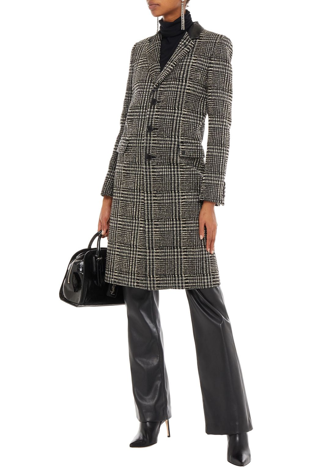 SAINT LAURENT Double-breasted bead-embellished metallic Prince of Wales checked wool-blend coat