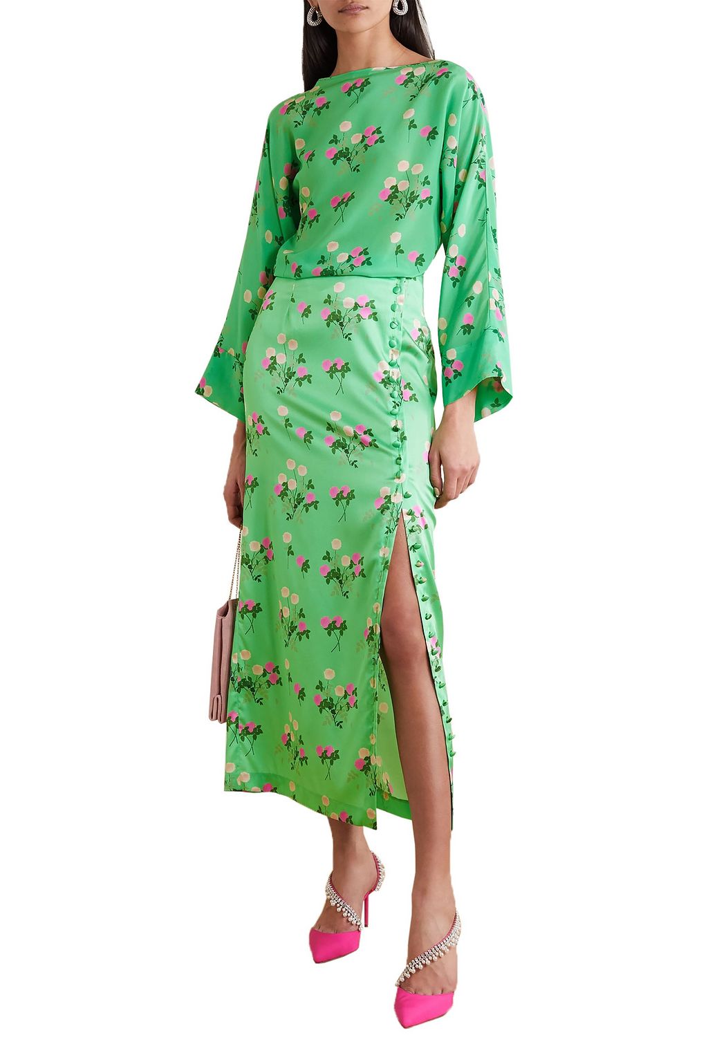 BERNADETTE Kelly floral-print silk-blend satin midi skirt