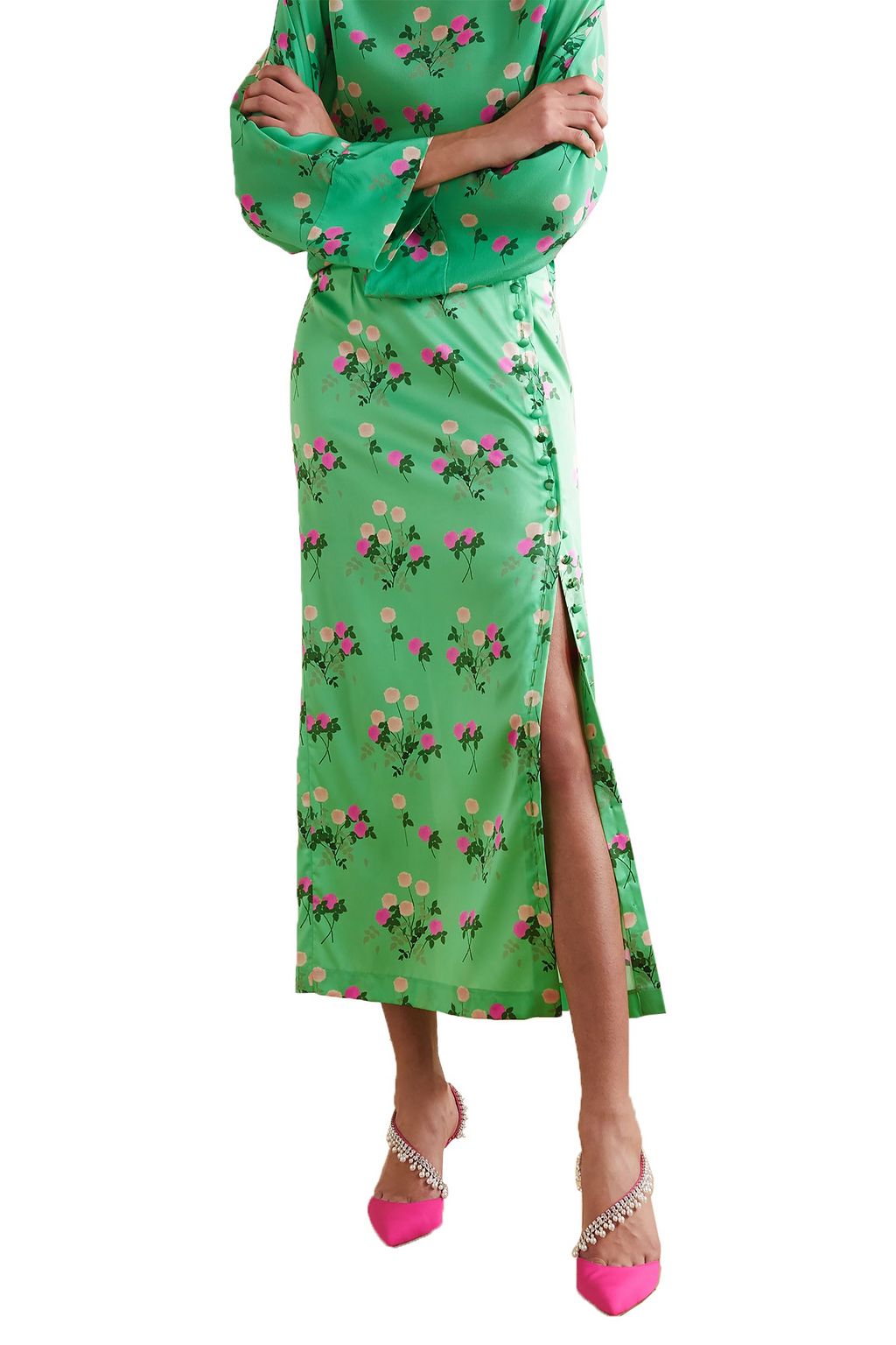 BERNADETTE Kelly floral-print silk-blend satin midi skirt