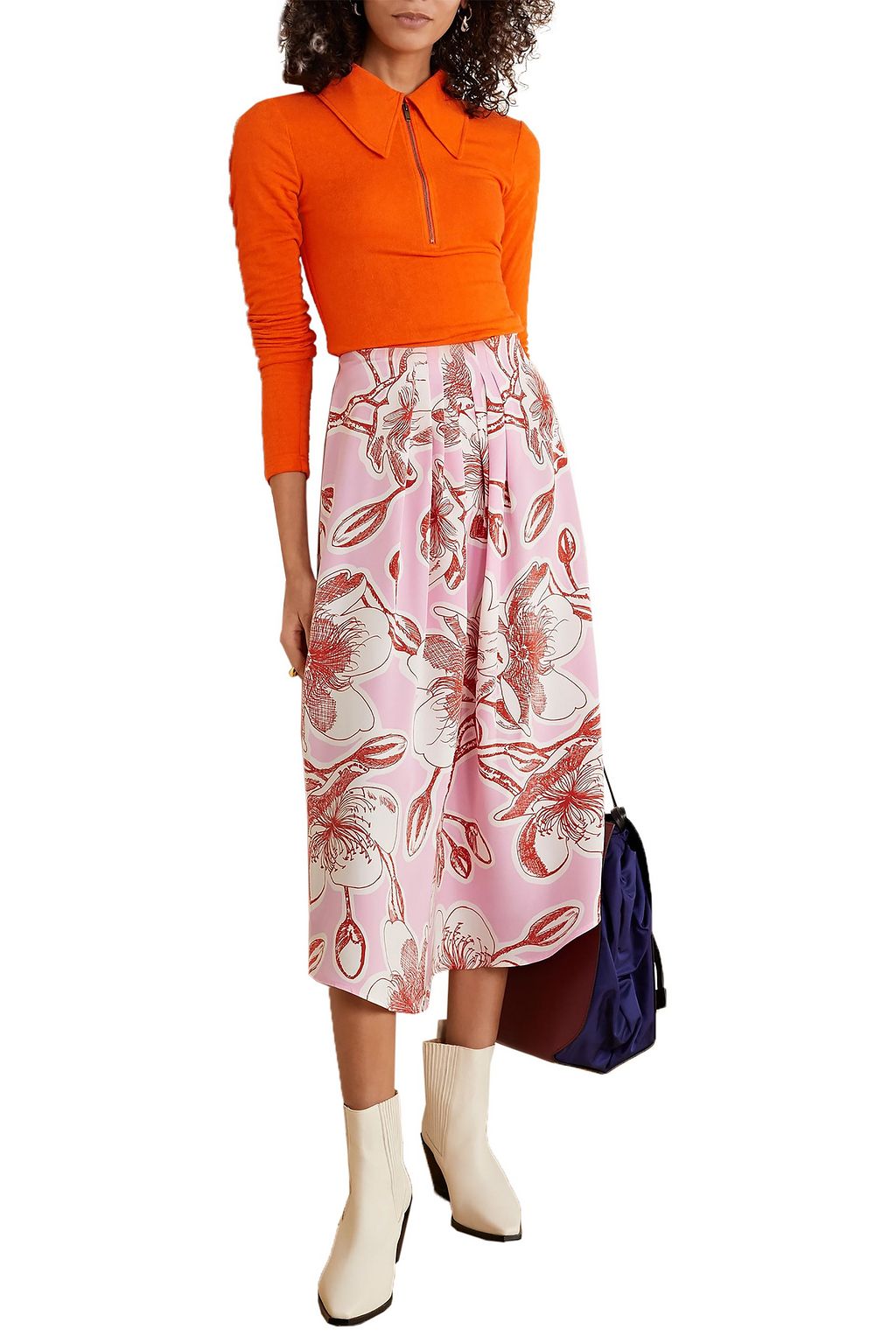 STINE GOYA Blossom floral-print silk-satin midi skirt