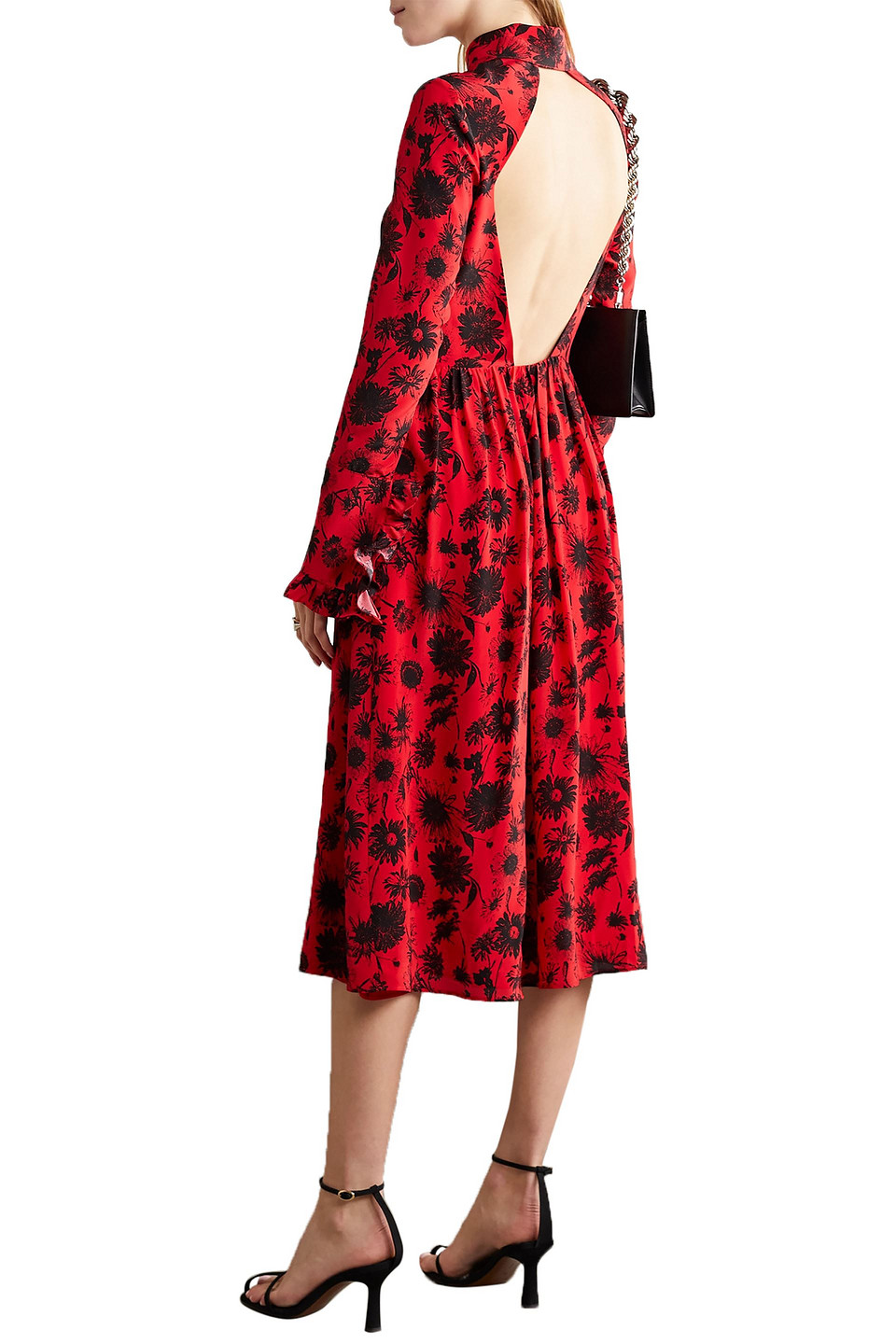 Les Rêveries Open-back Ruffle-trimmed Floral-print Silk Crepe De Chine Midi Dress In Red