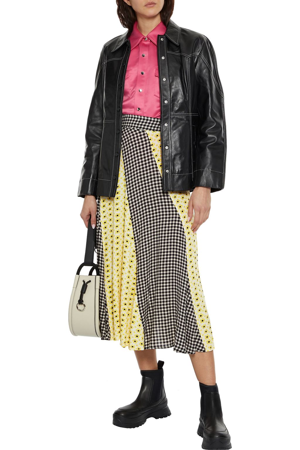 GANNI Paneled printed crepe midi skirt