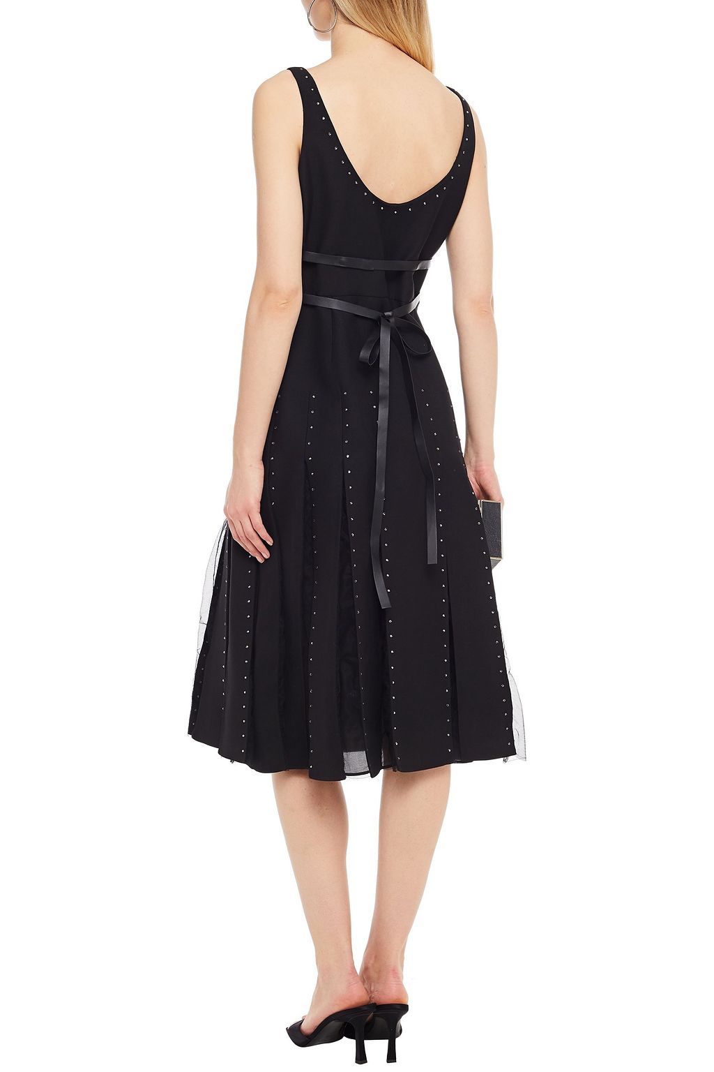 VALENTINO GARAVANI Tulle-trimmed crystal-embellished wool and silk-blend crepe midi dress
